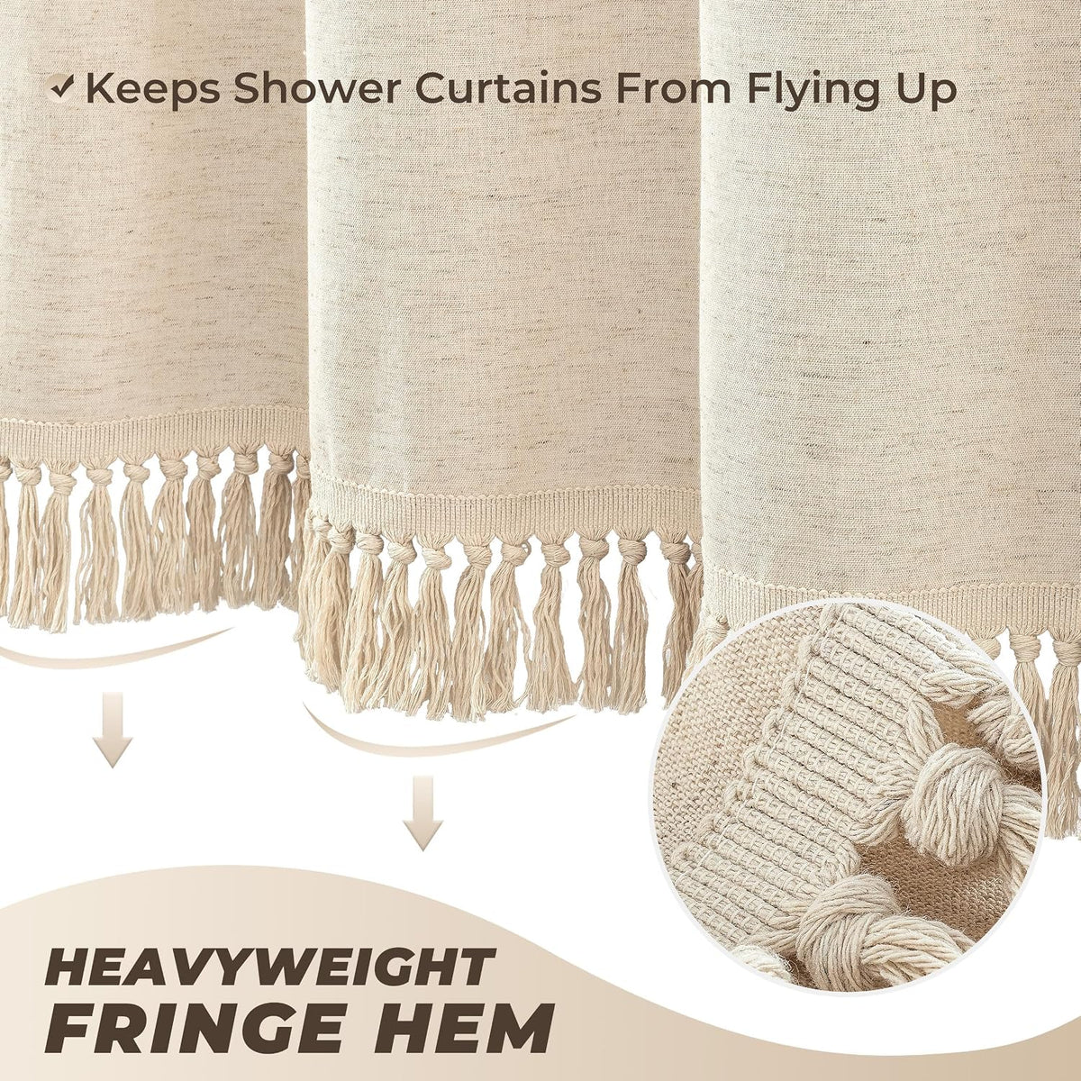 Linen Shower Curtain Boho Beige Shower Curtain with Tassels 72"W x 84"L