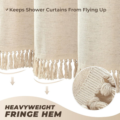 Linen Shower Curtain Boho Beige Shower Curtain with Tassels 72"W x 84"L